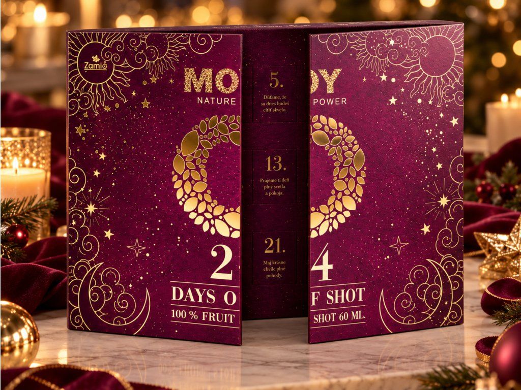 Pootvorený MOY Adventný kalendár 24 Days of Shot Ametyst, predná strana sa otvára v strede ako kniha