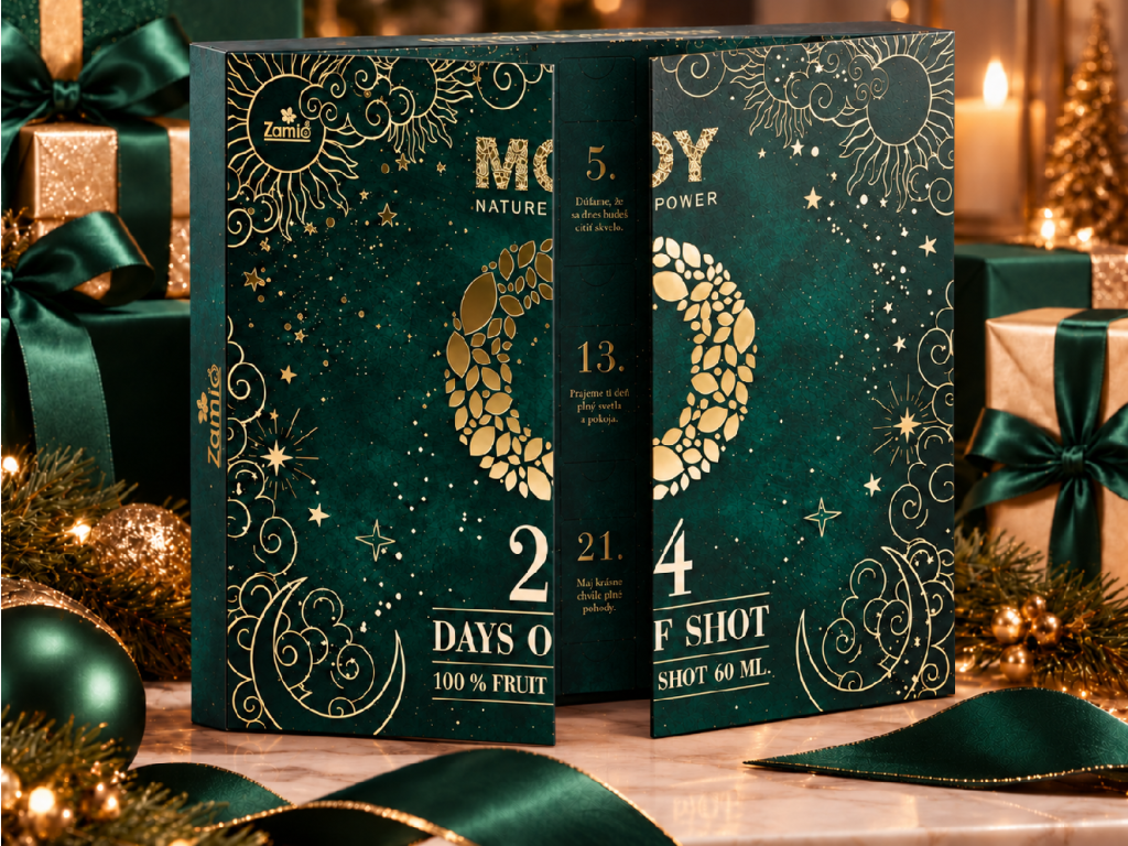 Pootvorený MOY Adventný kalendár 24 Days of Shot Smaragd, predná strana sa otvára v strede ako kniha