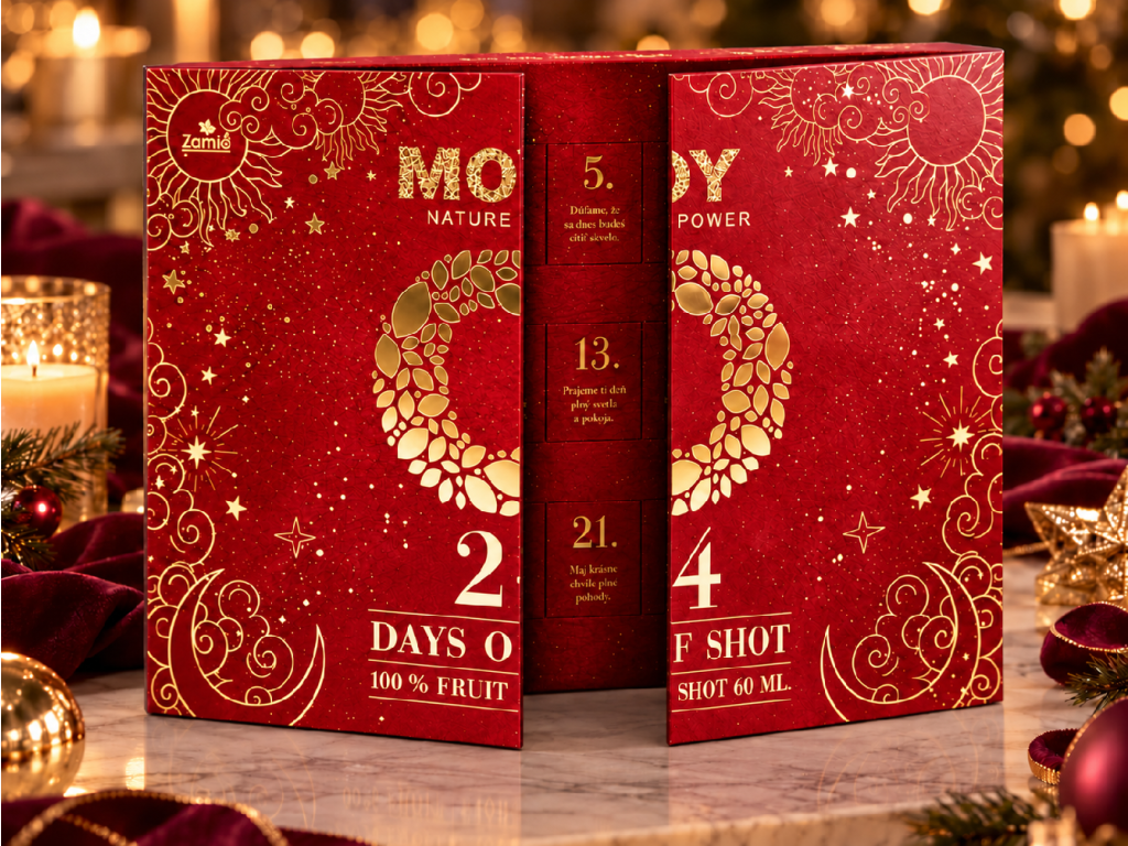 Pootvorený MOY Adventný kalendár 24 Days of Shot Rubín, predná strana sa otvára v strede ako kniha
