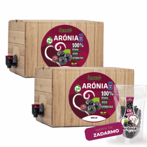 na obrázku je balenie 5l 100% šťavy z Arónie od ZAMIO a sypaný čaj ktorý je ZADARMO ku šťave