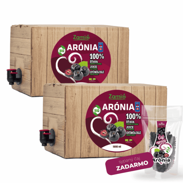 na obrázku je balenie 5l 100% šťavy z Arónie od ZAMIO a sypaný čaj ktorý je ZADARMO ku šťave