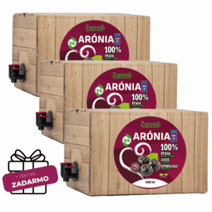 krabica prírodnej farby s výpustným ventilom a etiketou - Sirup Arónia 57% ovocia Výhodná 150 dňová kúra, na obrázku su 3ks 5l ovocnej 100% šťavy z Arónie a ako darček podľa situacie