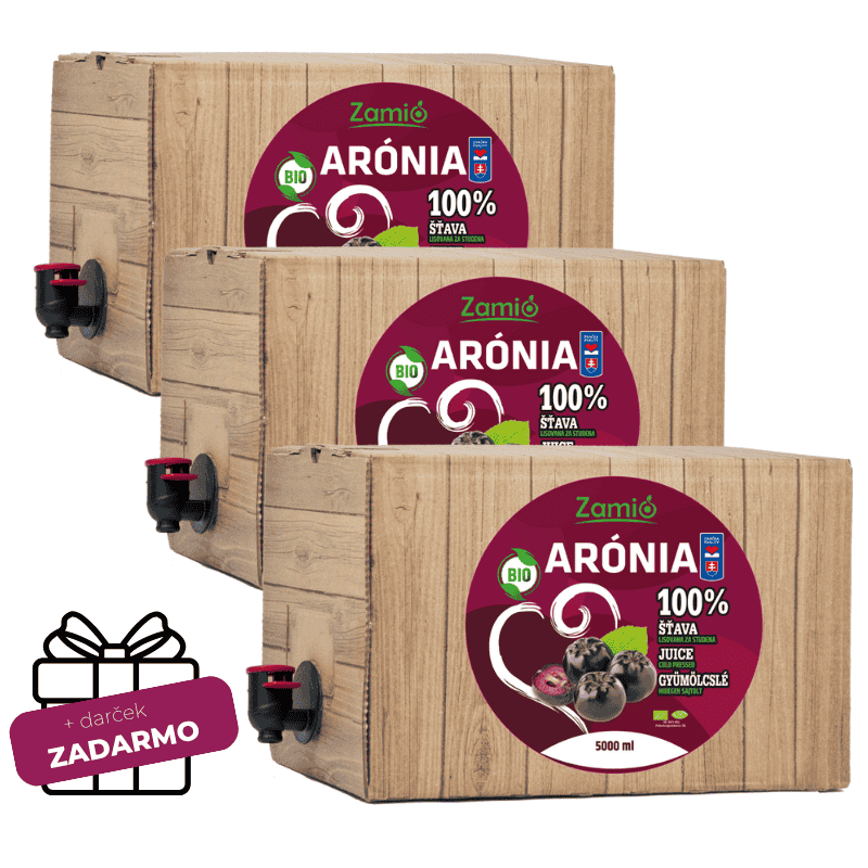 krabica prírodnej farby s výpustným ventilom a etiketou - Sirup Arónia 57% ovocia Výhodná 150 dňová kúra, na obrázku su 3ks 5l ovocnej 100% šťavy z Arónie a ako darček podľa situacie