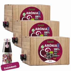 Výhodná 150 dňová kúra, na obrázku su 3ks 5l ovocnej 100% šťavy z Arónie a ako darček fľaša sirupu ZAMIO MIX