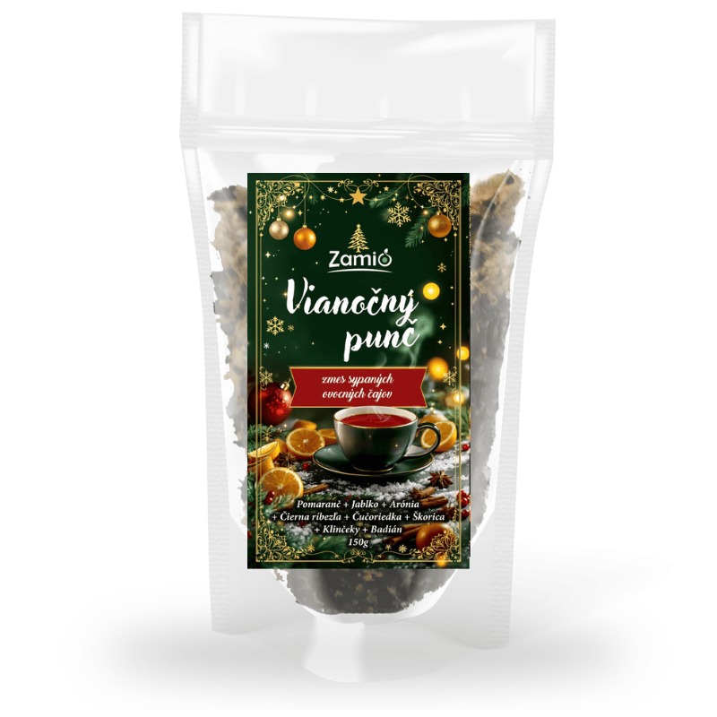 na obrazku je doy pack sačok vianočna etiketa vianočný punč 150g sypane čaje zamio