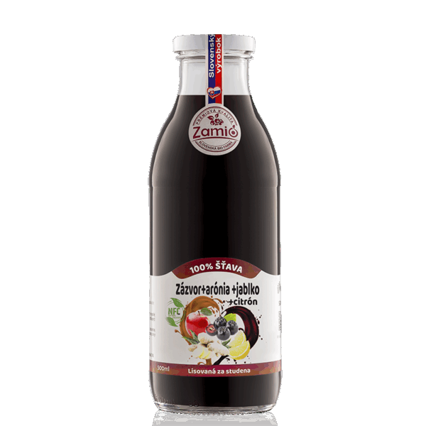 sklenená fľaša 500ml objemu s 100% šťavov Zázvor + arónia + jablko a dochutená citrónom
