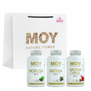 na foke je produktová sada 3 lflašiek z umelej hmoty , plne prírodných kapsul z Arónie Moruše a Arónie Cvikla + Taška