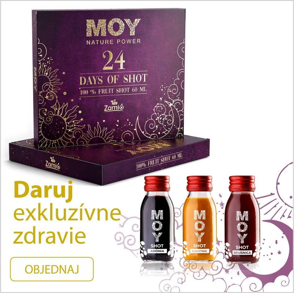 MOY shot Advetný kalendár na obrázku je luxusná krabica v bordovej farbe a produkty MOY shot