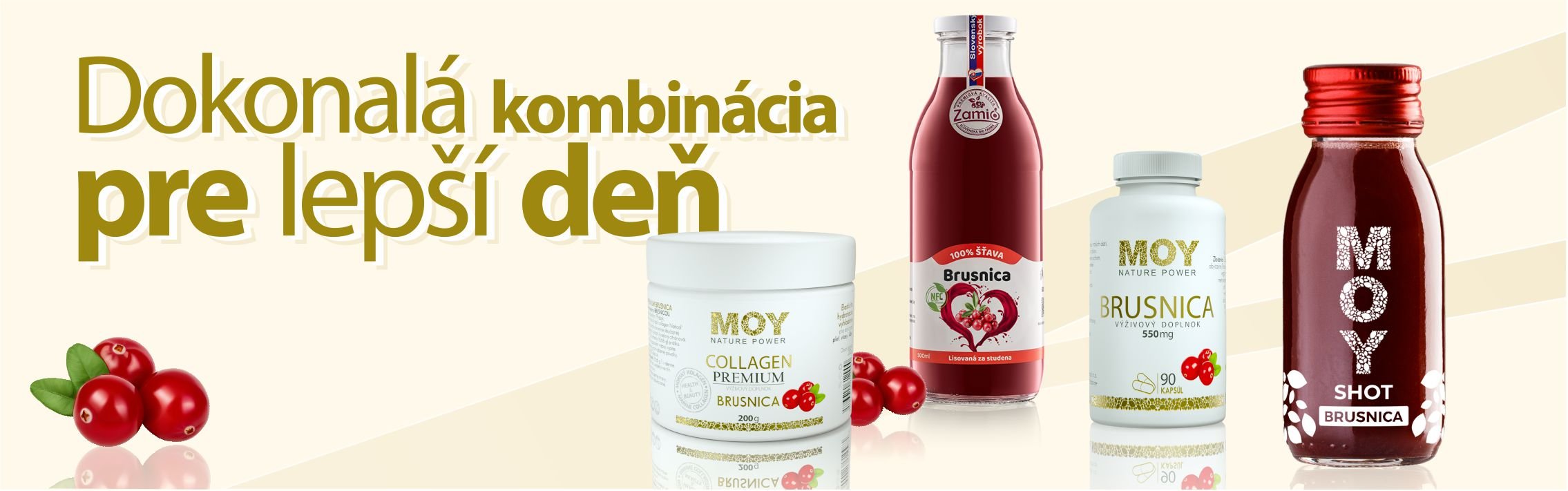 na obrázku su produkty MOY a ZAmio fľaše z Brúsnice a vyživové doplnky Kolagén