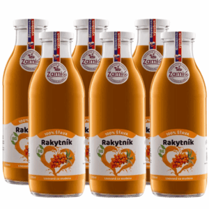 na obrázku su zoradene 6ks sklenené fľaše oranžovej farny plnej 100% ovocnej šťavy z Rakytnika ZAMIO