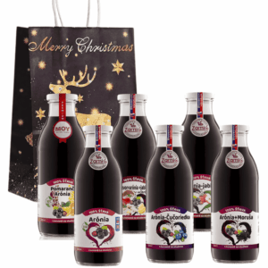 na obrazku je pac 6 fliaš v skle plných 100% šťavy z ovocia a luxusná darčeková taška z vianočnym motivom