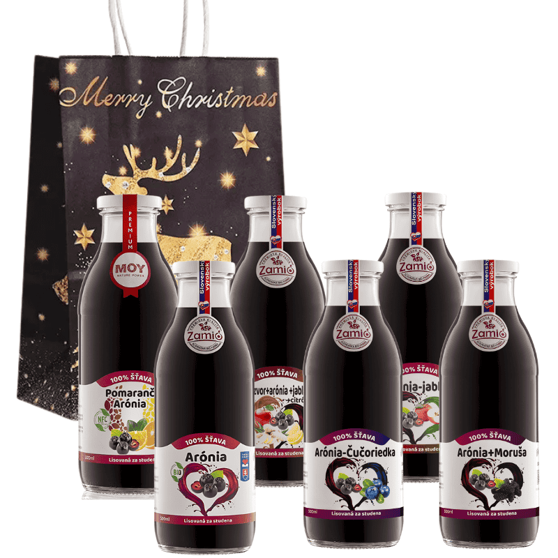na obrazku je pac 6 fliaš v skle plných 100% šťavy z ovocia a luxusná darčeková taška z vianočnym motivom