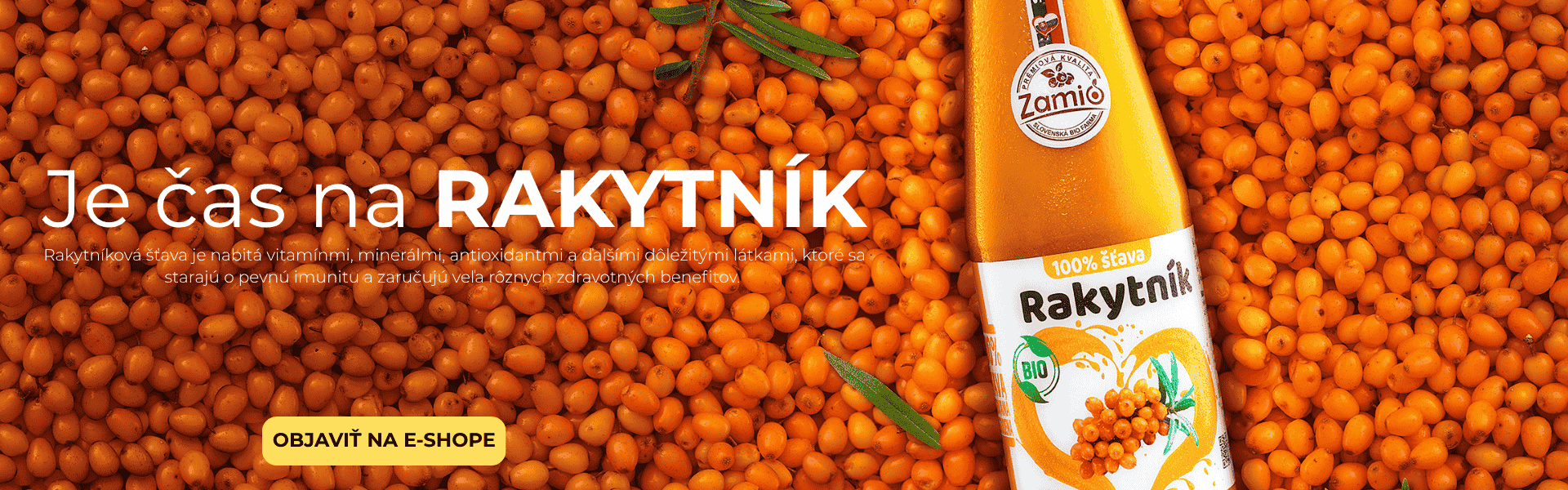 rakytniková šťava 100% od ZAMIA s plodov rakytnika a popisom - fľaša