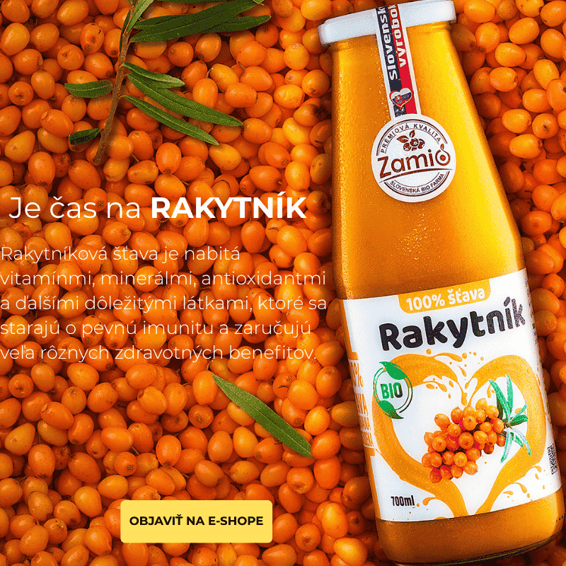 100% ovocná šťava rakytník vo fľaši a plody rakytníka od ZAMIA
