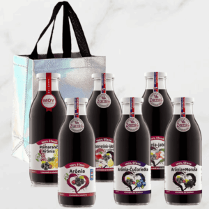 na obrazku je pac 6 fliaš v skle plných 100% šťavy z ovocia a luxusná darčeková taška s valentinsky m pozadim