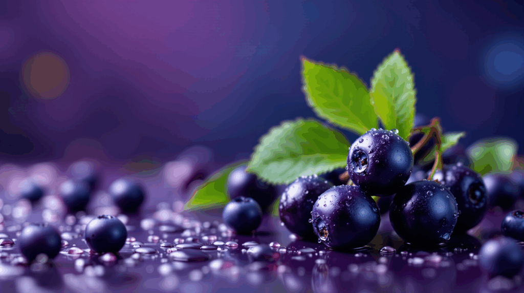 Antioxidanty - bordové bobule na obrázku s fialovým pozadím