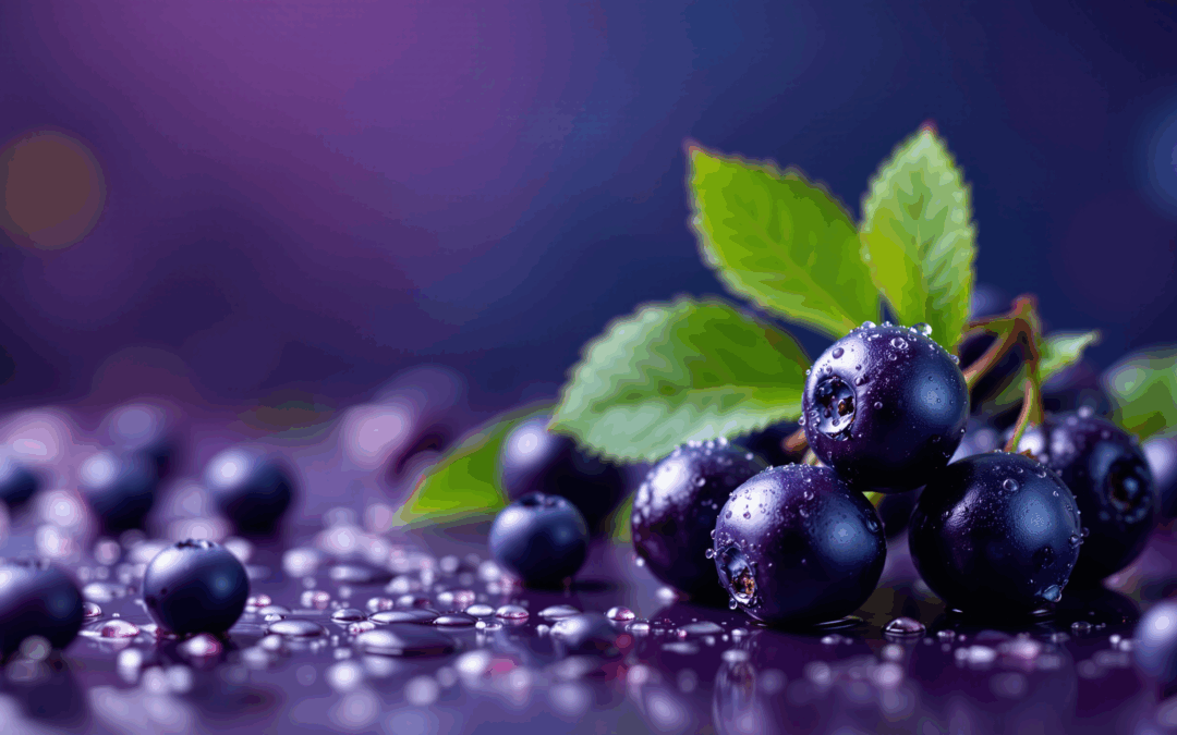 Antioxidanty - bordové bobule na obrázku s fialovým pozadím