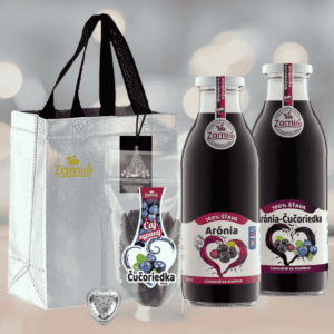 Vianočna luxusna taška v striebornom prevedení + sklenené flaše 100% ovocná štava a sypaný čaj zamio