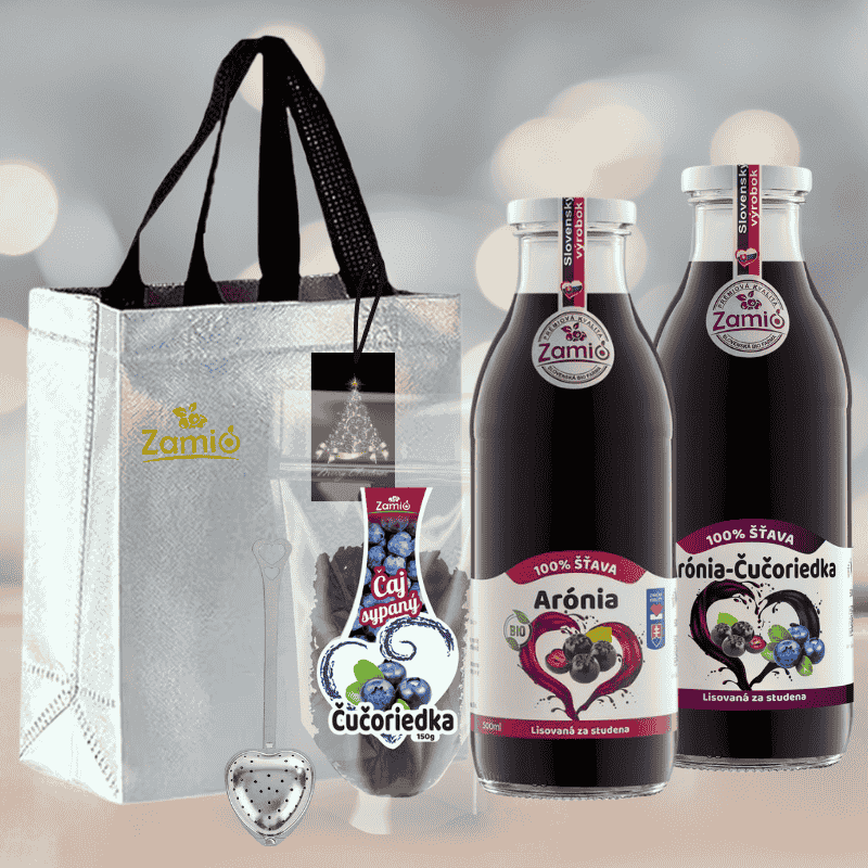 Vianočna luxusna taška v striebornom prevedení + sklenené flaše 100% ovocná štava a sypaný čaj zamio
