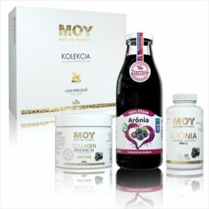 Premiová kolekcia MOY v luxusnej krabici pozostava z kolegenu vyživoveho Aronia výrobku a 500ml štavy z Aronie