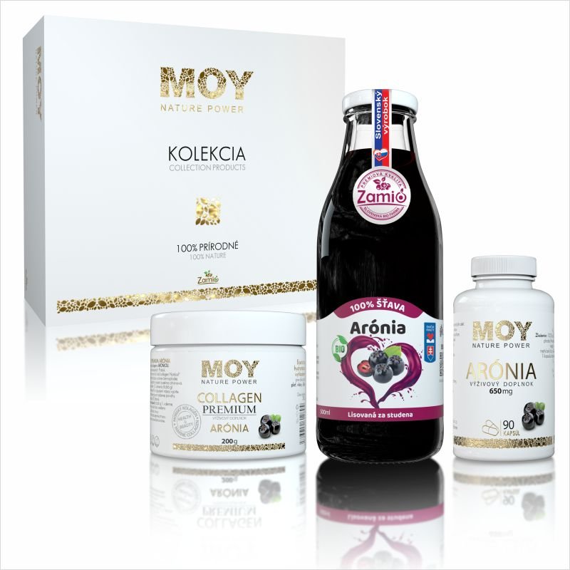 Premiová kolekcia MOY v luxusnej krabici pozostava z kolegenu vyživoveho Aronia výrobku a 500ml štavy z Aronie