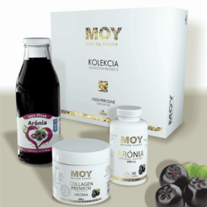 Premiová kolekcia MOY v luxusnej krabici pozostava z kolegenu vyživoveho Aronia výrobku a 500ml štavy z Aronie