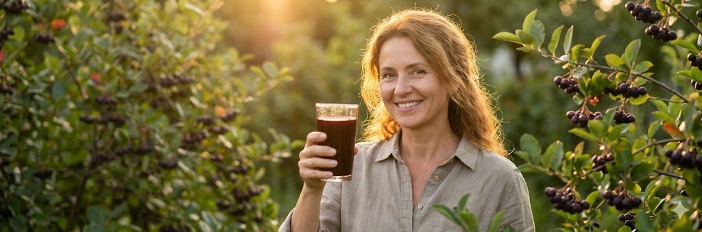 Fotorealistický lifestylový záber zdravej, usmievajúcej sa ženy po štyridsiatke vonku v slnečnej, bujnej záhrade, držiacej pohár tmavej aróniovej šťavy. V rozostrenom pozadí sú kríky arónie. Slnečné svetlo je teplé a zlaté, vytvárajúce prirodzenú žiaru okolo nej, symbolizujúcu zdravie a ochranu. Prirodzená, organická, nádejná atmosféra. Teplé svetlo zmiešané s hlbokými tónmi bobúľ