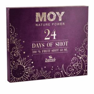 Fialová darčeková kazeta MOY ZAMIO Nature Power s 24 ovocnými šotmi, zdobená zlatou fóliou s motívom slnka a mesiaca a nápisom 24 Days of Shot.“