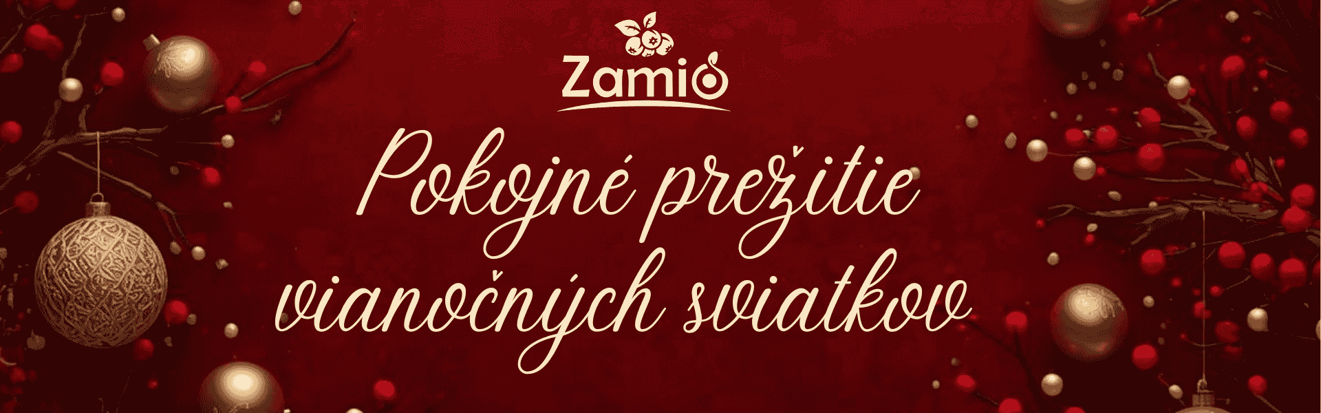 Text na červenom vianočnom podklade Pokojne prežitie sviatkov s logom ZAMIO