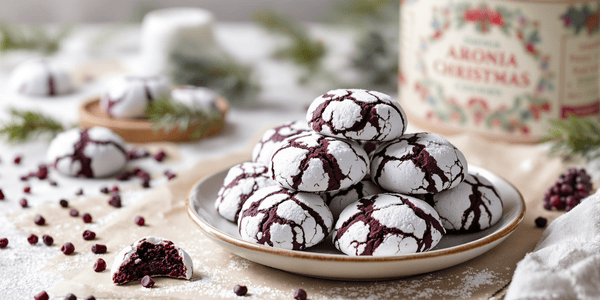 Detailný záber na vianočné aróniové crinkles sušienky s tmavofialovým vnútrom a bielym popraskaným cukrovým povrchom na rustikálnom stole