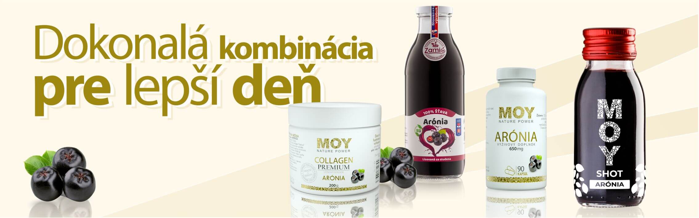 na obrazku - banery Zamio s.r.o. su zobrazene produkty rady MOY , šťava , shot, kapsule a kolagen na takom žltom pozadi