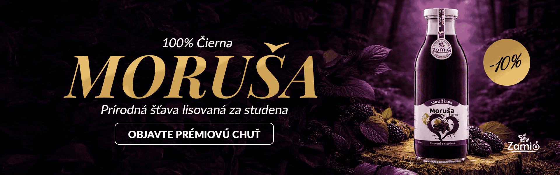 na obrazku banera zamio je na tmavom pozadi bordovej farby flaša 500ml sklo moruša 100% šťava a velký názov Moruša