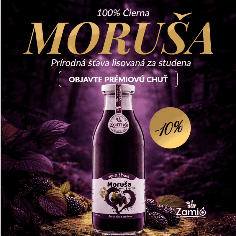 baner zamio moruša -10% , flaša zo skla na tmavom bordovom pozadí okolo je ovocie moruša a text veĹky Moruša -10% 100% šťava